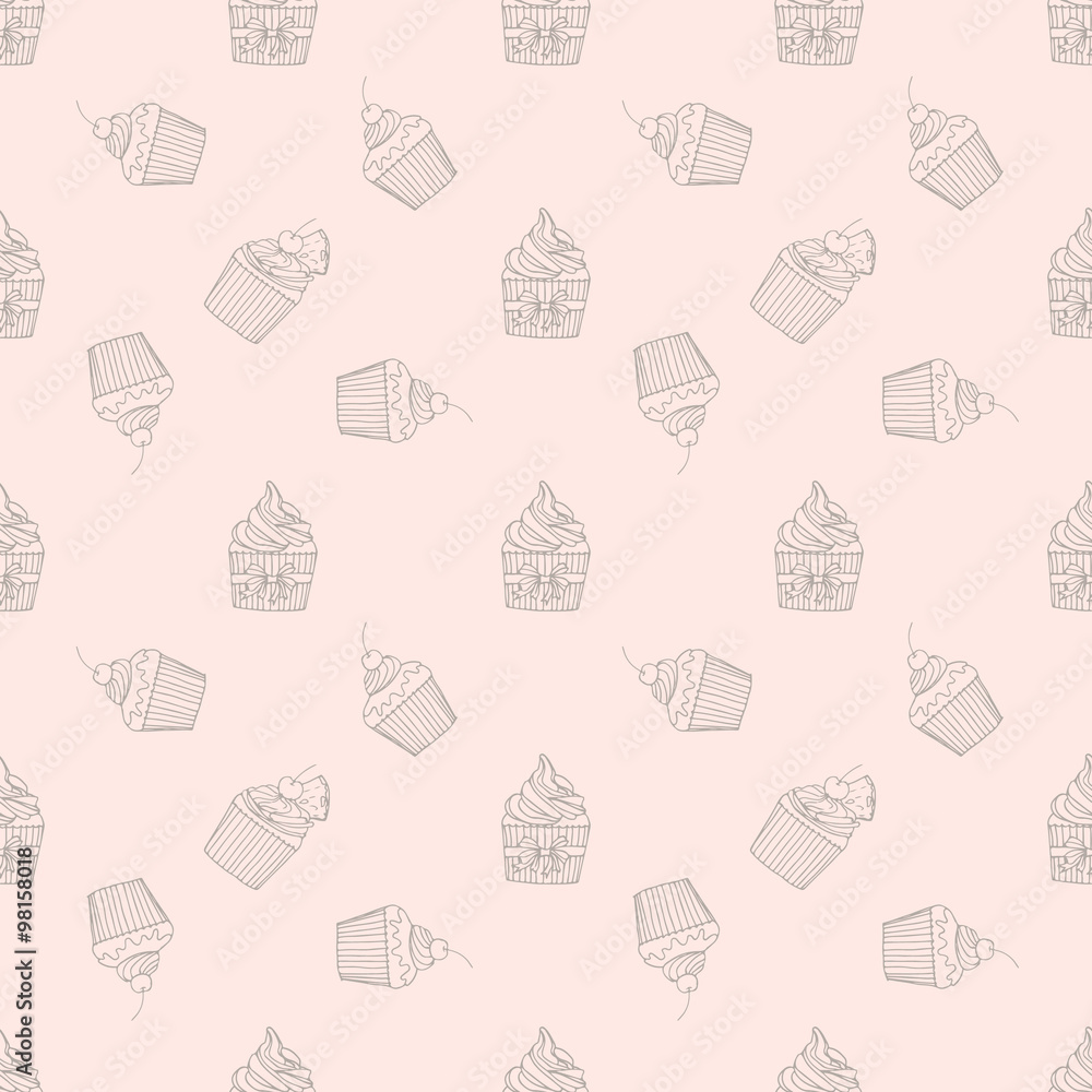 Hand drawn seamless pattern with cupcakes. Hand drawn seamless pattern with cupcakes.