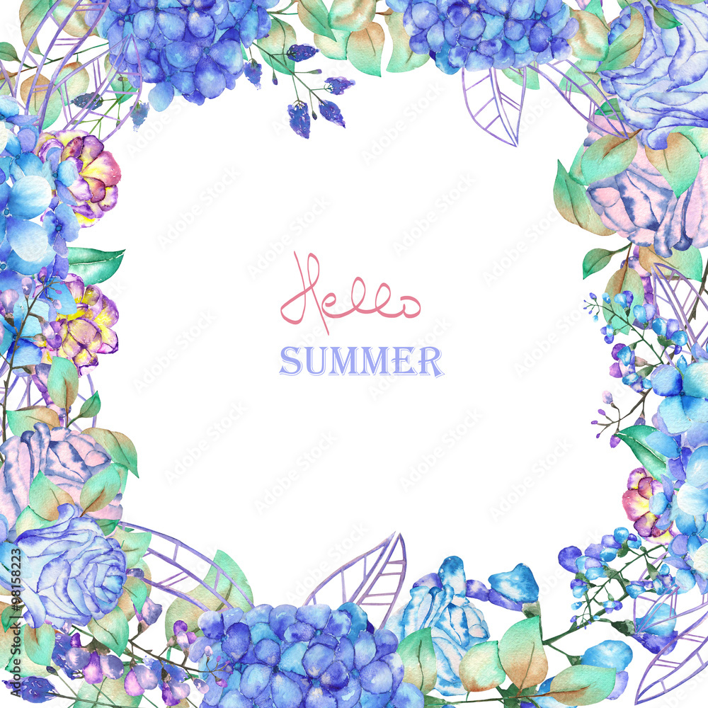 A floral frame of the watercolor blue flowers, Hydrangea and Roses, a place for a text, painted on a white background