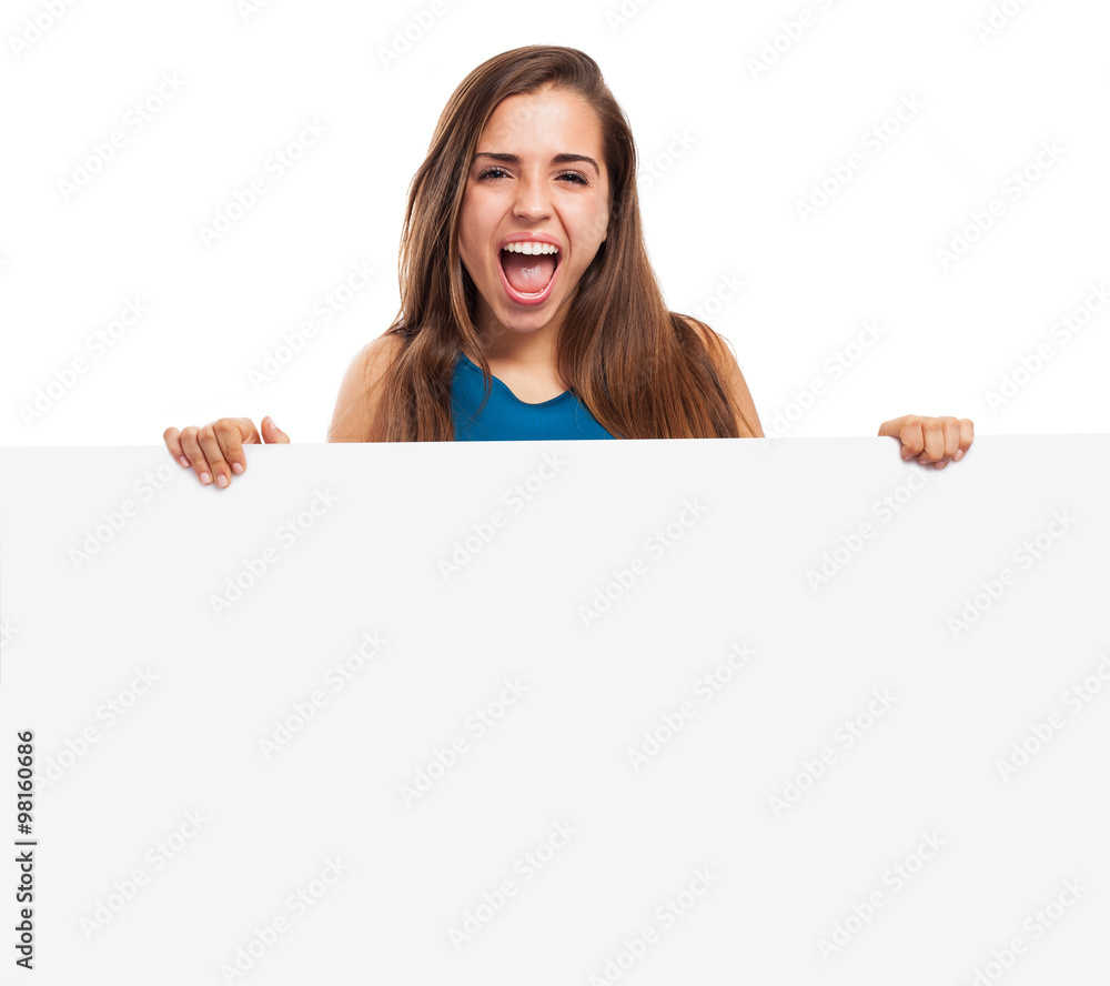 young elegant woman holding a banner on a white background young elegant woman holding a banner on a white background