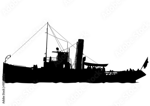 Silhouette of retro ship on white background