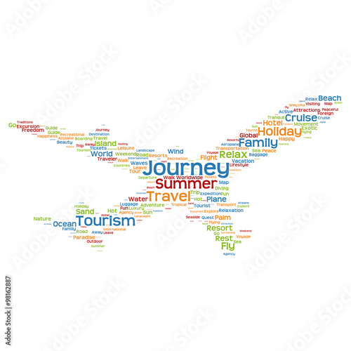 Vector conceptual travel or tourism plane word cloud