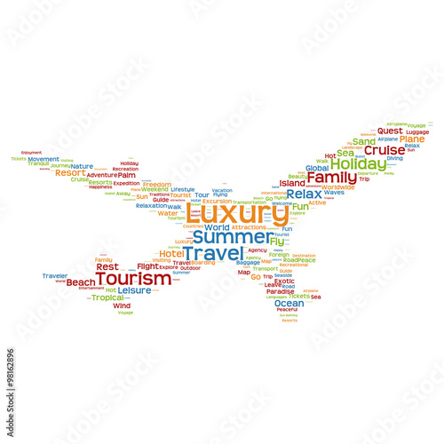 Vector conceptual travel or tourism plane word cloud