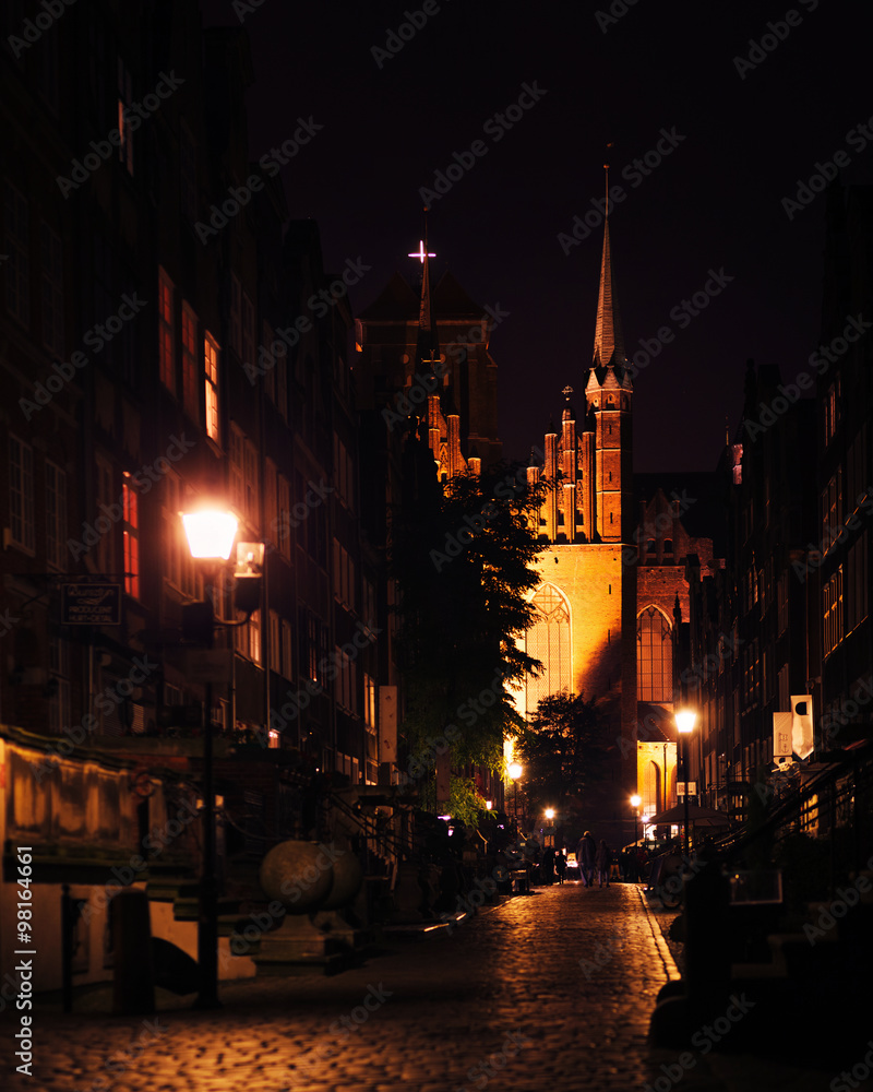 Historic center of Gdansk. Gdansk old town . View from Motlawa river. Poland at romantic night.