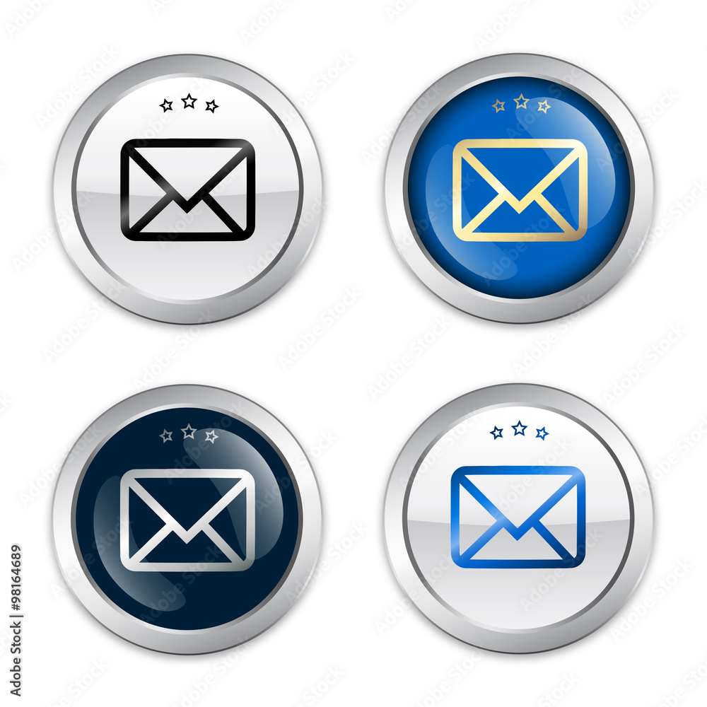 Message seal or icon with envelope symbol. Glossy silver seal or button. Message seal or icon with envelope symbol. Glossy silver seal or button.