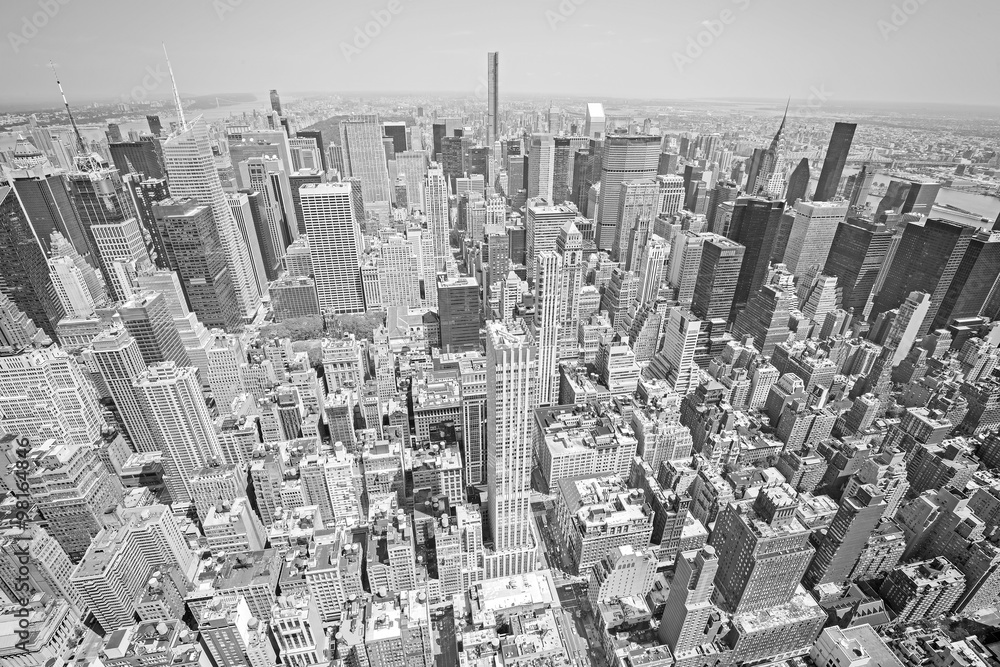 Black and white toned aerial view of Manhattan, NYC.