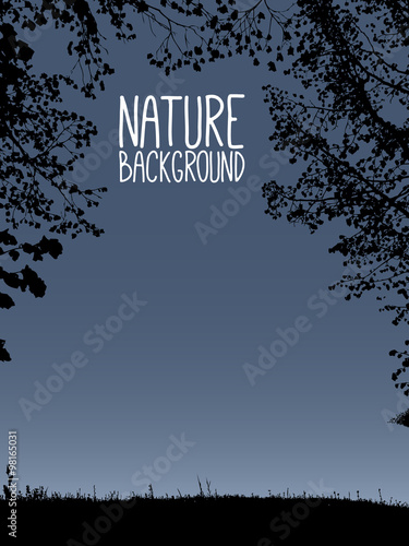 vector nature background with silhouette of branches from tree and with grass on dark evening background, with place for your white text, isolated illustration