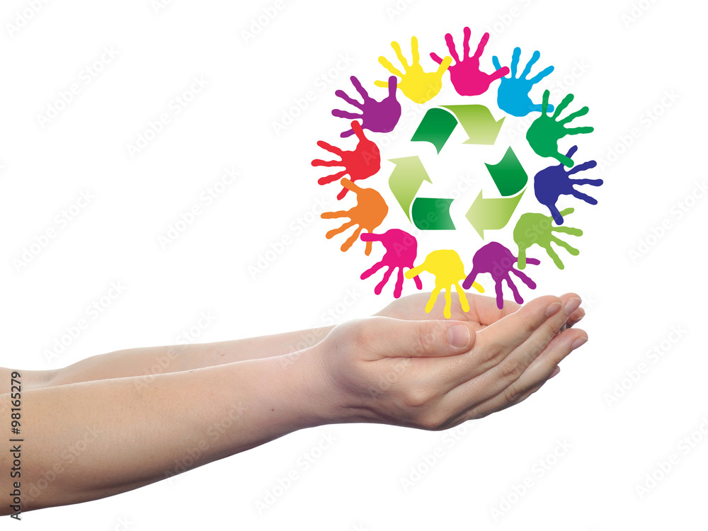Concept circle of hands, green recycle symbol Concept circle of hands, green recycle symbol