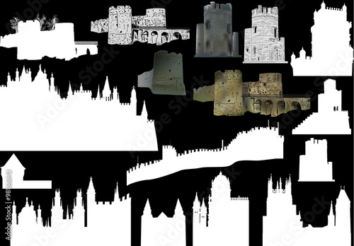 collection of sixteen castles and towers on black