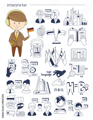 Interpreter, linguist, teacher, tutor Doodle style icons big set vector