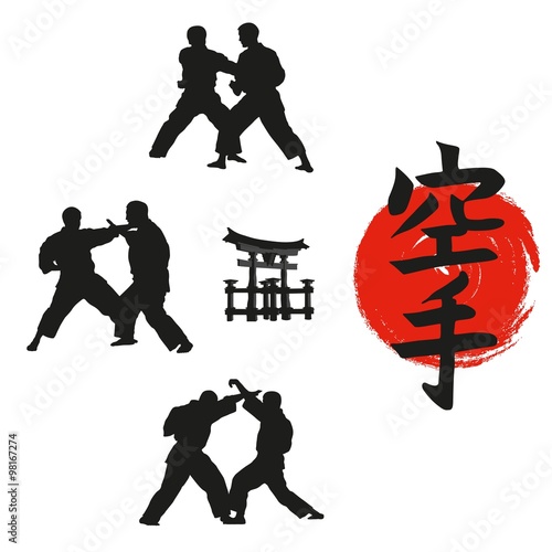 Hieroglyph of karate and men demonstrating karate.