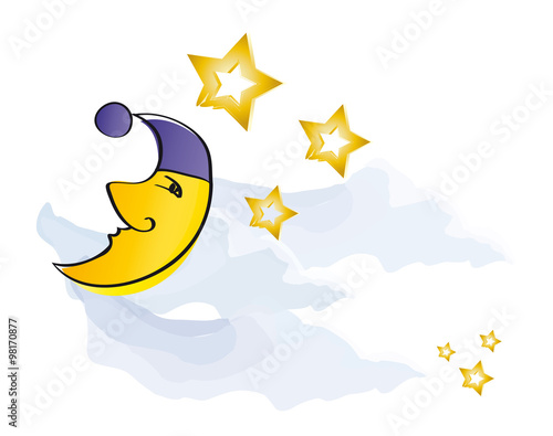 Gute Nacht - Mond - Halbmond mit goldenen Sternen am klaren Nachthimmel, Himmel, Nacht, Sterne
