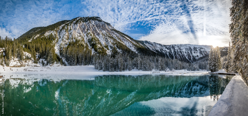 Naklejka premium Gorgeous panorama of mountain lake at Courchevel in the French Alps (Lac de la Rosière)
