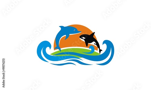 ocean, dolphins and whales logo symbols, icon, vector, 