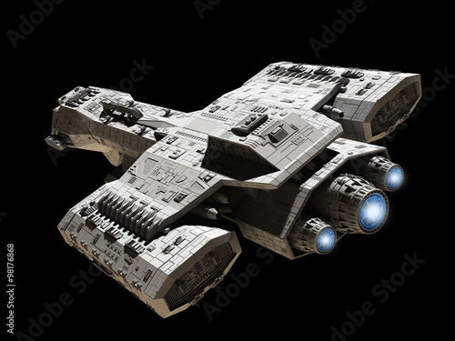Wallpaper Mural Spaceship on Black with Blue Engine Glow - science fiction illustration