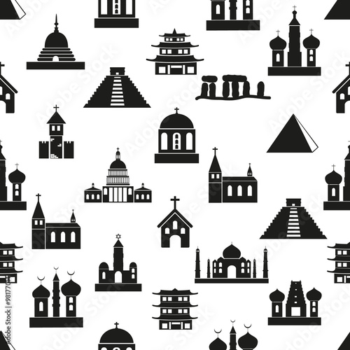 world religions types of temples icons seamless pattern eps10