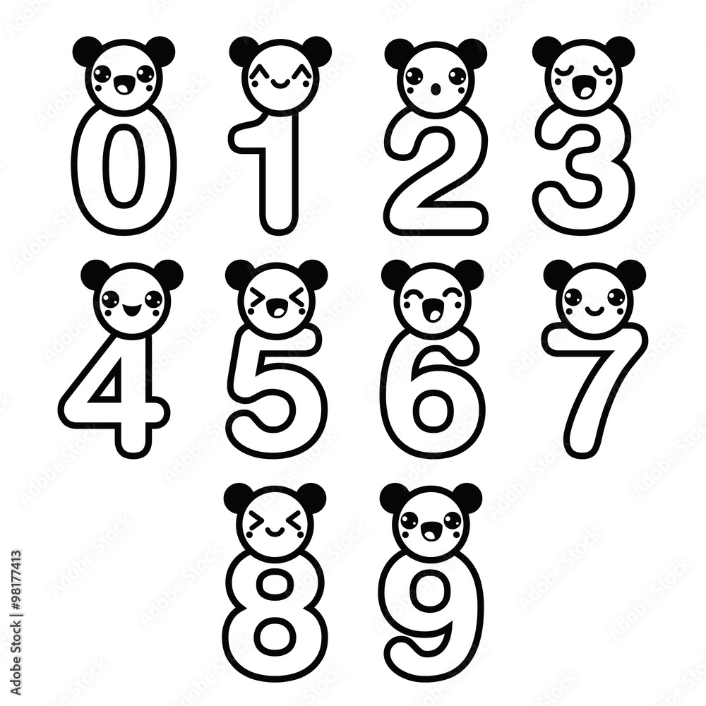 Cute bear Kawaii numbers set - vector
