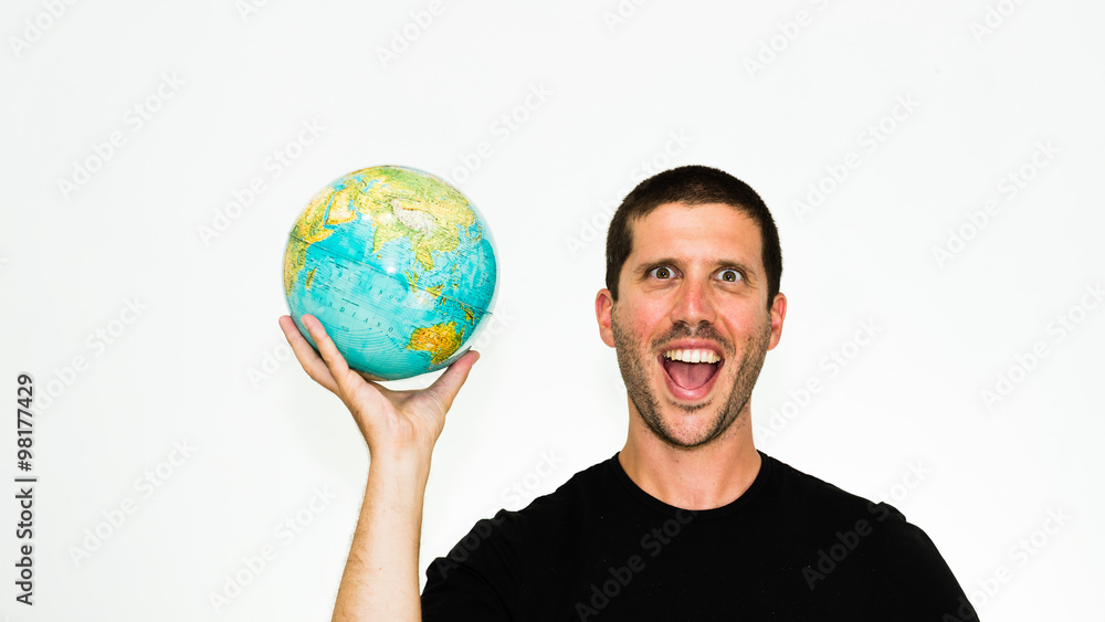 close-up of smiling caucasian man holding a world globe in his hand - conceptual image isolated on white background with copyspace close-up of smiling caucasian man holding a world globe in his hand - conceptual image isolated on white background with copyspace