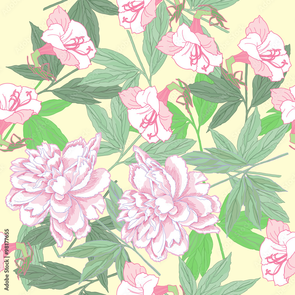 White Seamless pattern  with pink peonies and flowers