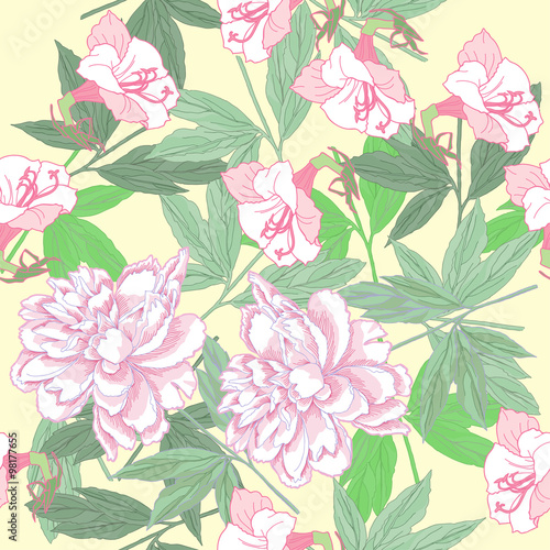White Seamless pattern with pink peonies and flowers © Natalia Piacheva