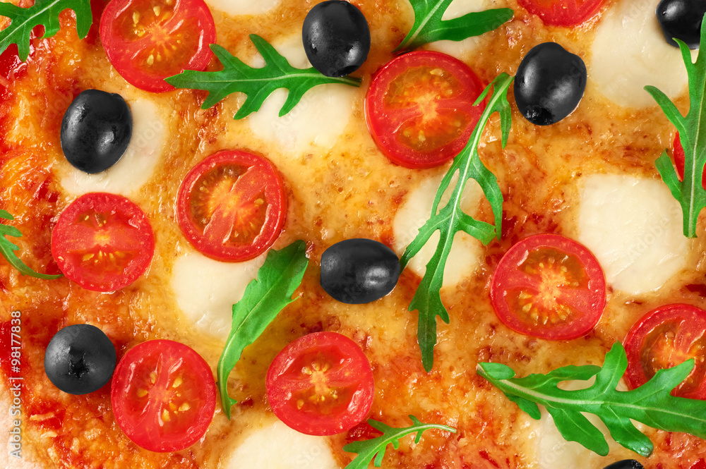 Pizza with mozzarella and arugula. Vegetarian pizza. Pizza with mozzarella and arugula. Vegetarian pizza.