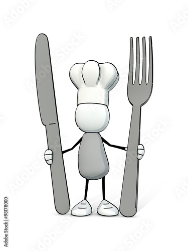 little sketchy man with chef s cap and knife and fork
