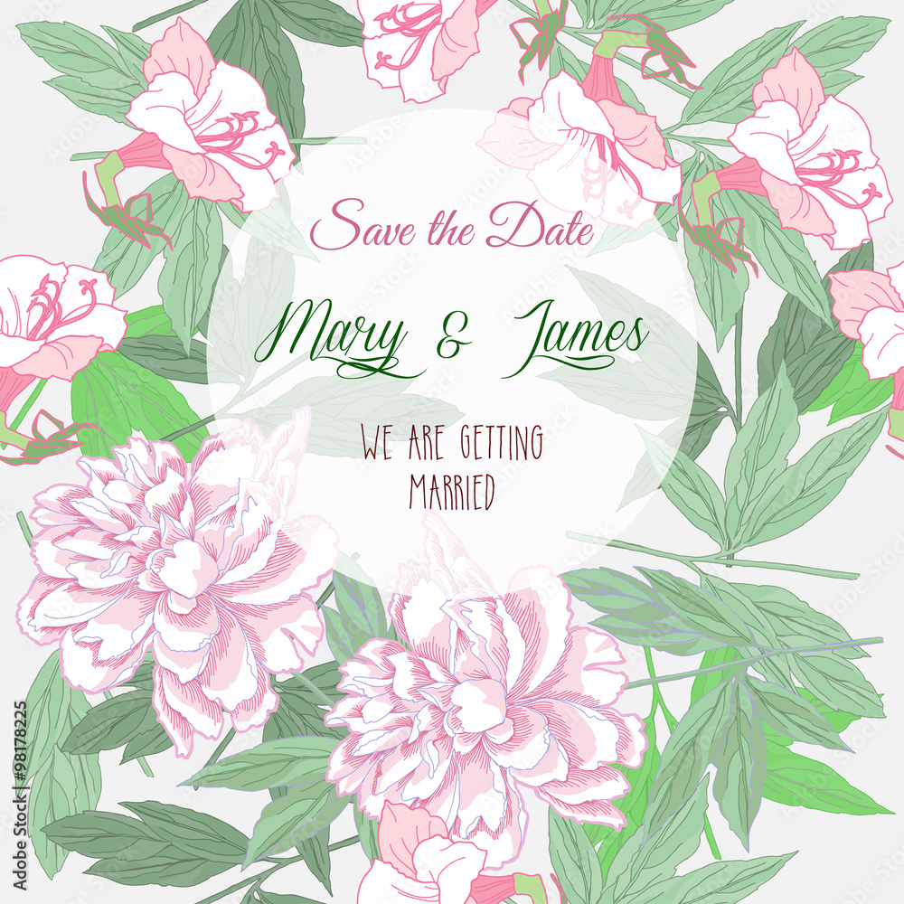 Wedding background  with pink peonies and flowers