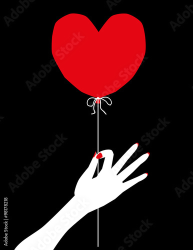 Stylized female hand holding a red balloon in the shape of a valentine heart by a piece of string, in basic colors of red, white and black