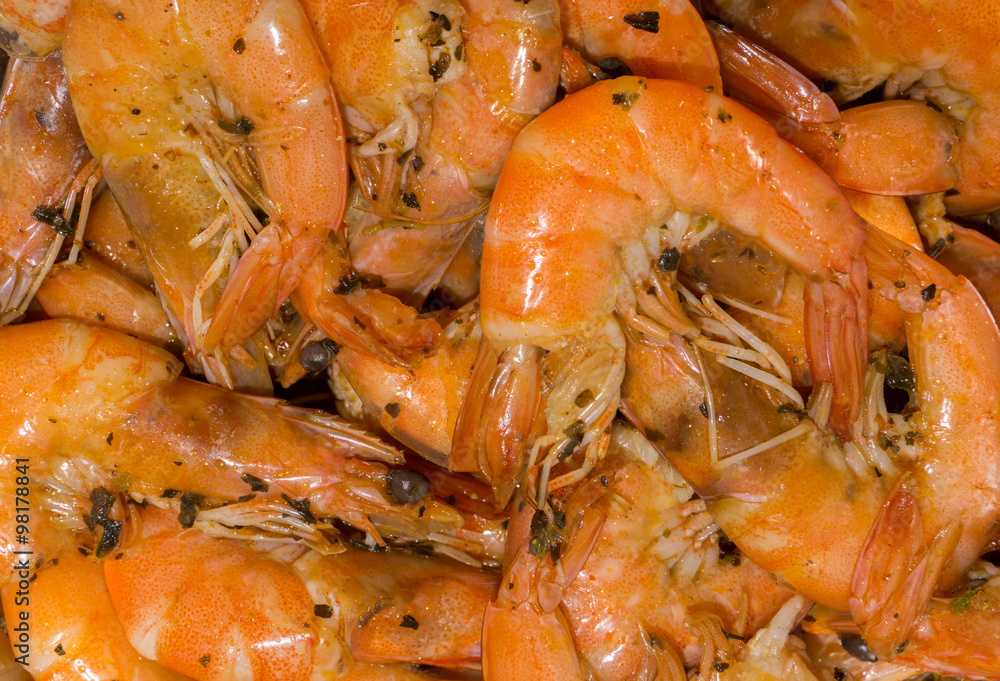 Cooked fine fresh shrimps with herbs, spices and salt Cooked fine fresh shrimps with herbs, spices and salt