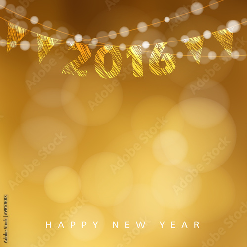 Happy New Year 2016 card with garland of glittering lights and party flags, vector