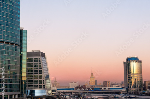 Skyline with skyscrapers at sunset. Moscow, Russia.