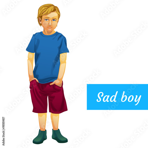 Sad boy in summer clothes, isolated character