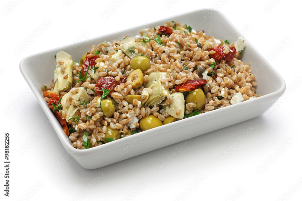 spelt salad, insalata di farro, italian cuisine isolated on white background spelt salad, insalata di farro, italian cuisine isolated on white background