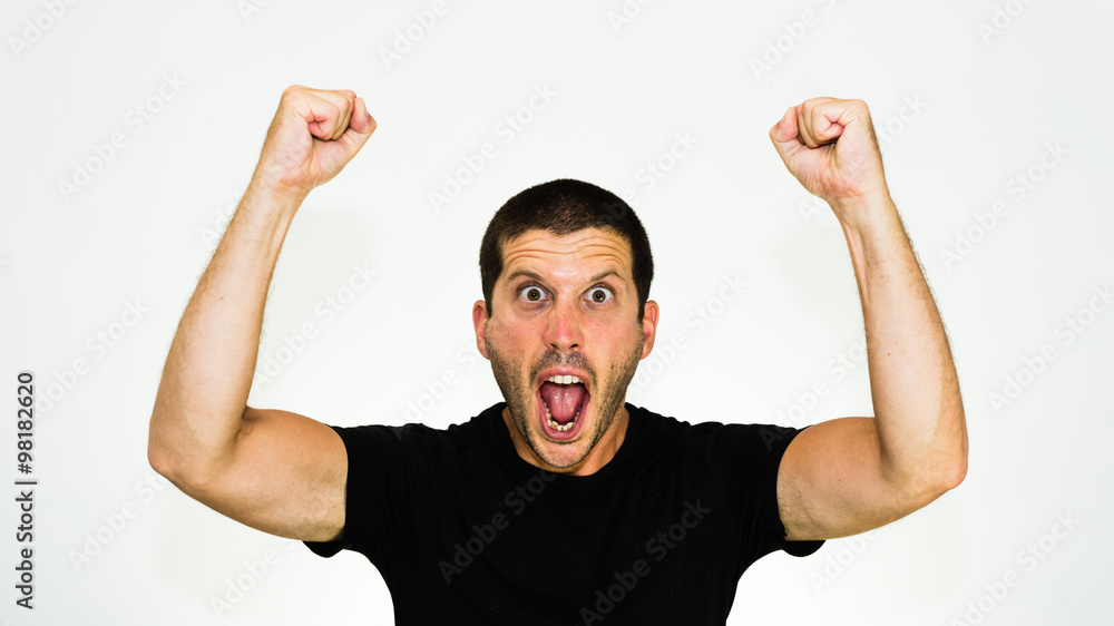 close up of successful young caucasian madman rejoicing with arms up - isolated on white background close up of successful young caucasian madman rejoicing with arms up - isolated on white background