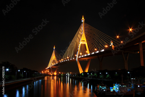 The Bhumibol Bridge across the part of Chao Phraya River in Bangkok, Thailand at night