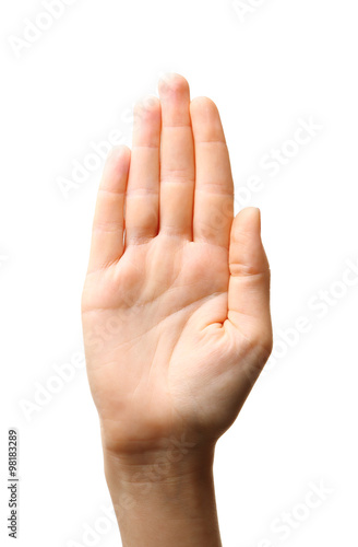 Woman hand making sign isolated on white background