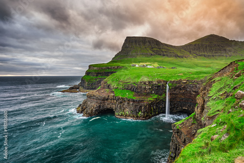 Gasadalur village and its waterfall, Faroe Islands, Denmark