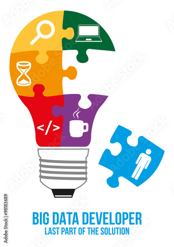 Big data developer design concept. Light bulb composed of interconnected puzzles with different components of programming. Only last piece is missed that will complete picture - last part of solution.