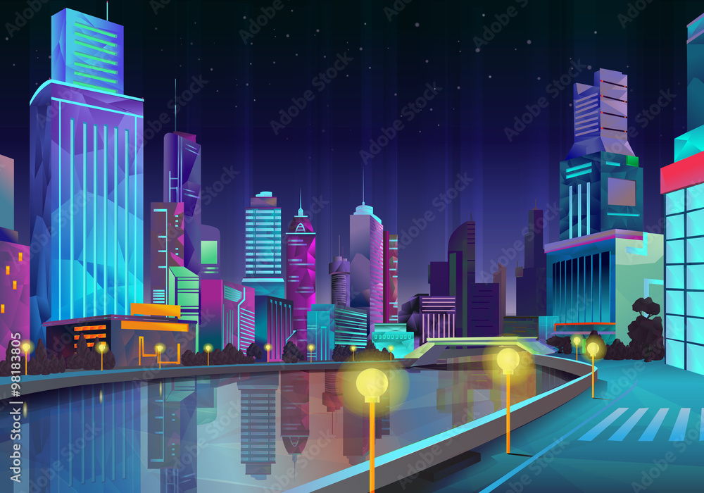 Fototapeta Night city, vector illustration low poly style