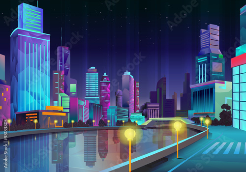 Night city, vector illustration low poly style