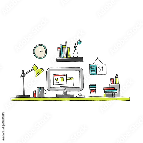 Hand illustrated thin line creative workspace with retro ofset e