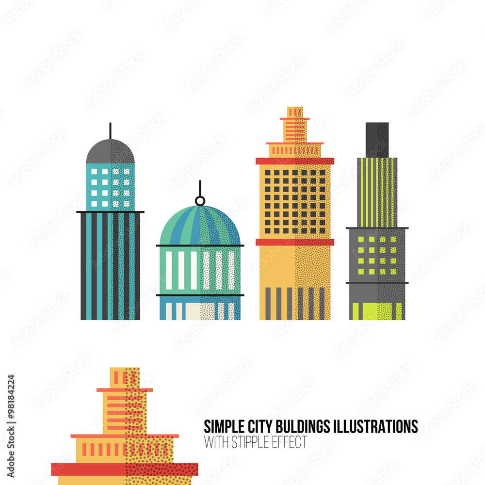 Illustrations set - Simple City Buldings icons with stipple ligh