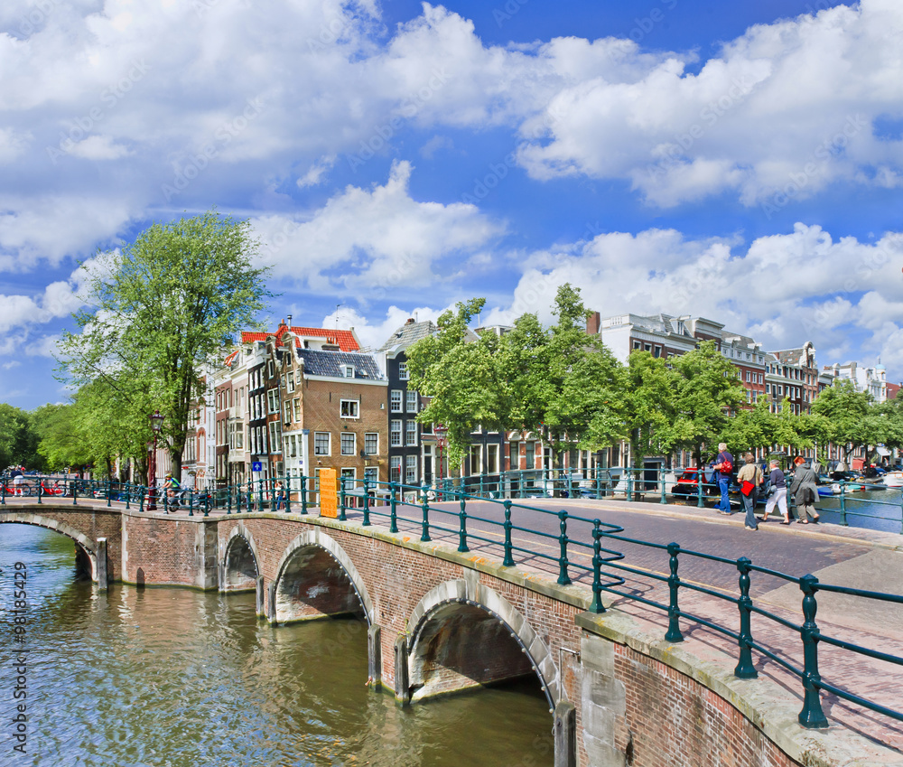 Amsterdam canal belt with ancient bridges and step gabled mansions ...