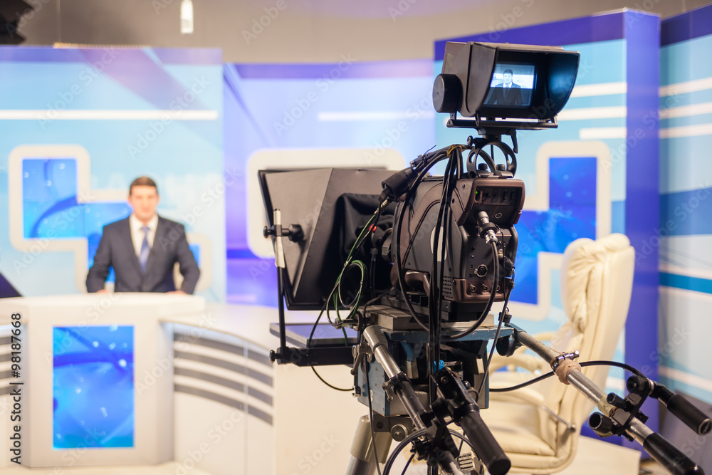 tv studio camera recording male reporter or anchorman. Live broadcasting  Stock Photo | Adobe Stock