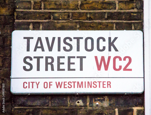 Tavistock street sign in City of Westminster at Central London, United Kingdom