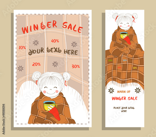 Winter sale banner with cute girl
