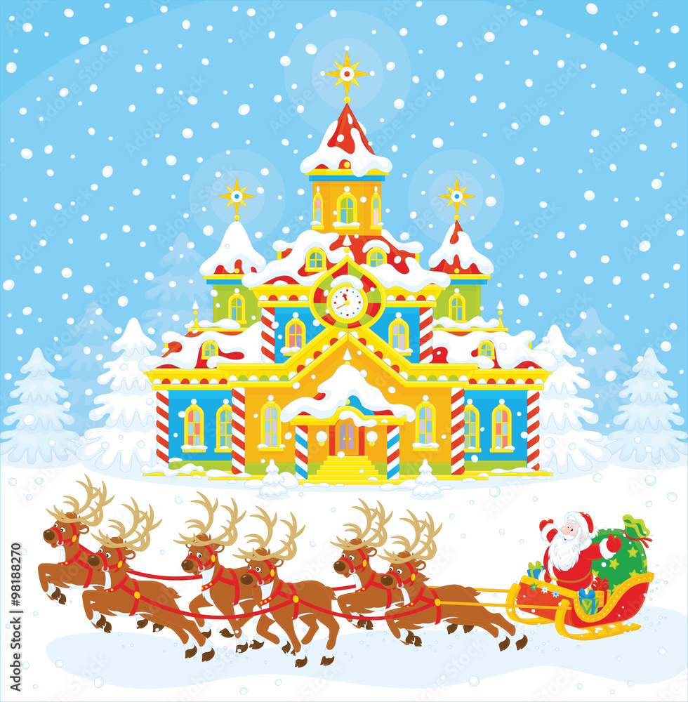 Flying magic reindeers and Santa Claus with a sack of gifts in his sleigh on a snowy Christmas eve Flying magic reindeers and Santa Claus with a sack of gifts in his sleigh on a snowy Christmas eve
