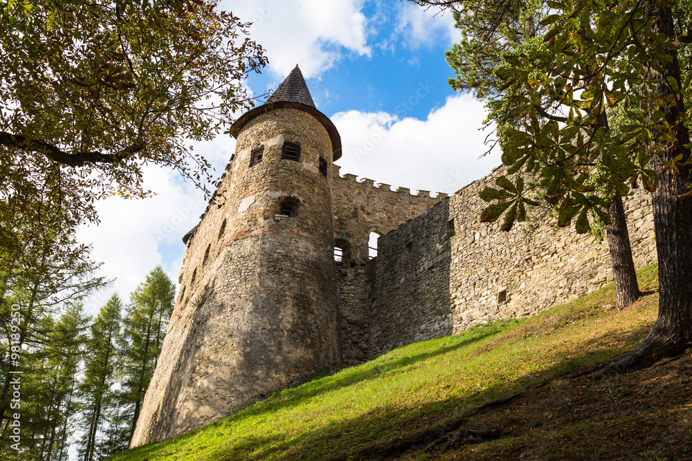 Old stone tower with loopholes. Castle in  Stara Lubovna.