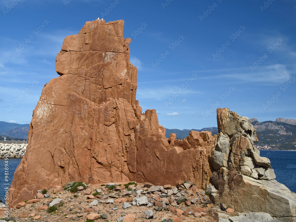 Arbatax with the known red porphyry rocks nearby the port at the Capo Bellavista, Sardinia, Italy, Europe