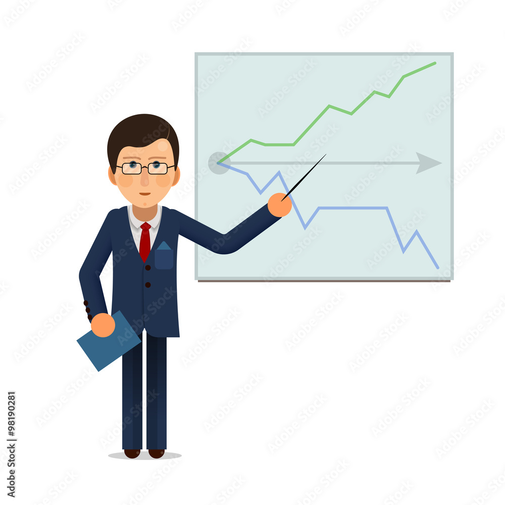 Business man standing with progress chart graph at presentation Business man standing with progress chart graph at presentation