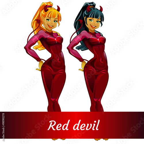 Two girls devils blonde and brunette in red latex